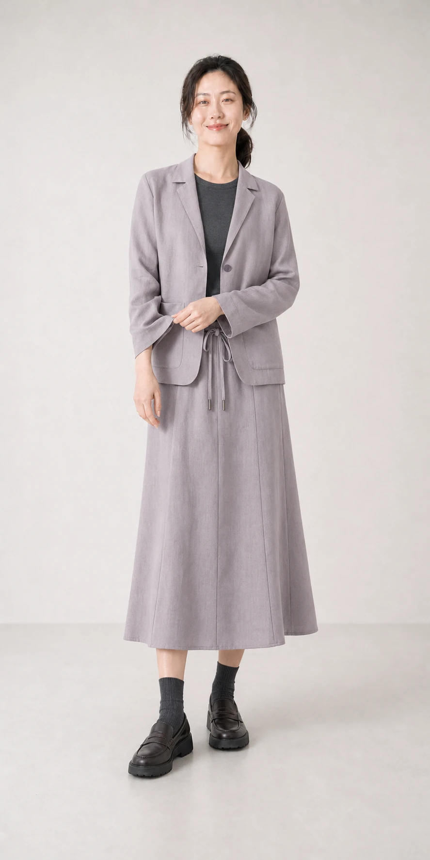 Design preview of the Misty Mauve jacket and six-panel skirt